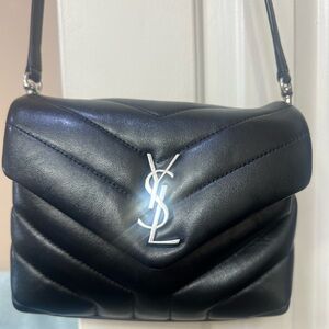 Saint Laurent Black Chevron Quilted Leather Shoulder Bag with Silver YSL Logo -